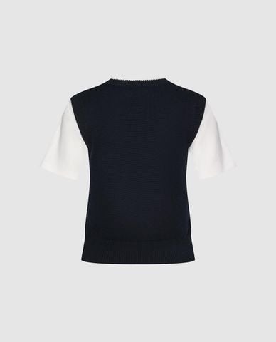  URBAN REVIVO - Áo dệt kim nữ cổ tròn tay ngắn phối họa tiết 