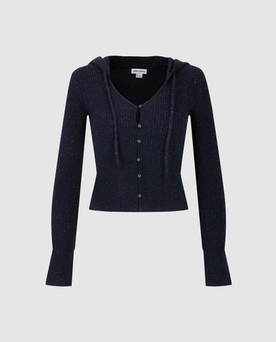  URBAN REVIVO - Áo khoác dệt kim nữ phối mũ cổ V 