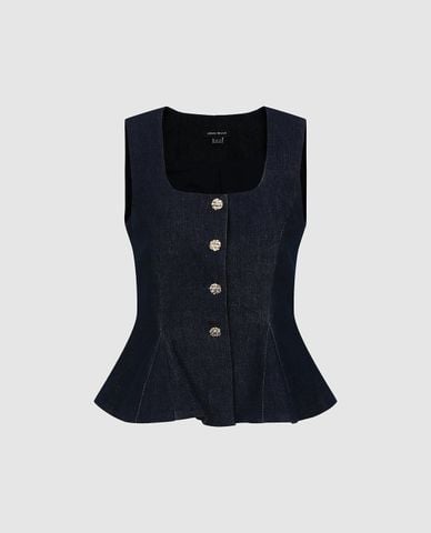  URBAN REVIVO - Áo sát nách nữ denim cổ vuông phối nút 