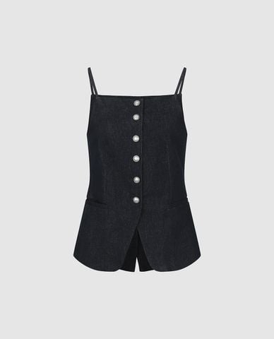  URBAN REVIVO - Áo hai dây nữ denim cổ vuông phối nút 