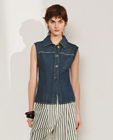  URBAN REVIVO - Áo sát nách nữ denim cổ bẻ 