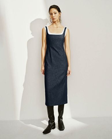  URBAN REVIVO - Đầm denim sát nách midi thanh lịch 