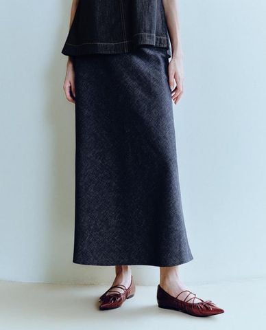  URBAN REVIVO - Chân váy denim midi phối viền ren 