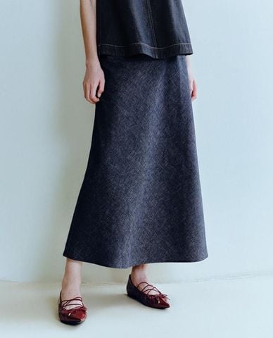  URBAN REVIVO - Chân váy denim midi phối viền ren 