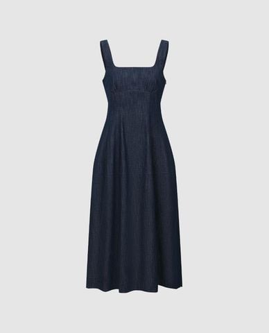  URBAN REVIVO - Đầm denim midi hai dây 