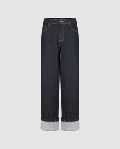  URBAN REVIVO - Quần jeans nữ ống rộng xắn gấu 