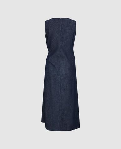  URBAN REVIVO - Đầm denim midi sát nách xoắn eo 