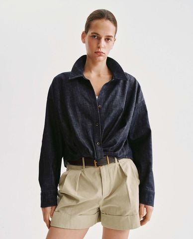  URBAN REVIVO - Áo sơ mi denim nữ cổ bẻ tay dài xoắn eo 