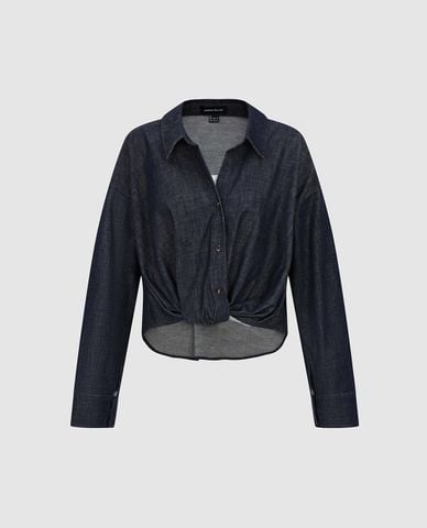  URBAN REVIVO - Áo sơ mi denim nữ cổ bẻ tay dài xoắn eo 
