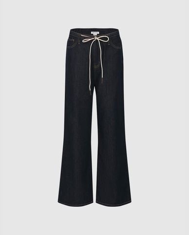  URBAN REVIVO - Quần jeans nữ ống rộng lưng thun phối dây rút 