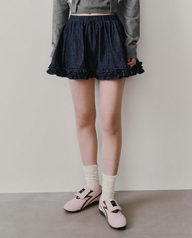  URBAN REVIVO - Chân váy denim mini xếp li phối bèo 