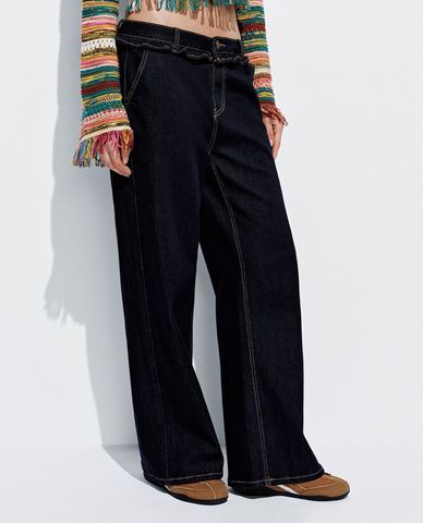  URBAN REVIVO - Quần jeans nữ ống rộng nhún bèo 