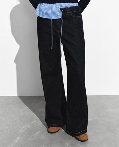  URBAN REVIVO - Quần jeans nữ ống rộng phối dây rút 
