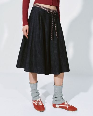  URBAN REVIVO - Chân váy denim nữ midi phối dây rút 