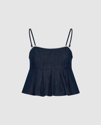  URBAN REVIVO - Áo hai dây nữ denim phối ren 