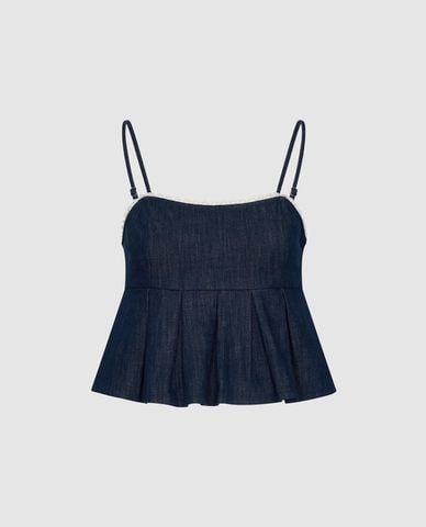  URBAN REVIVO - Áo hai dây nữ denim phối ren 