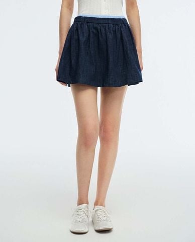  URBAN REVIVO - Chân váy denim mini lưng thun xếp nhún 