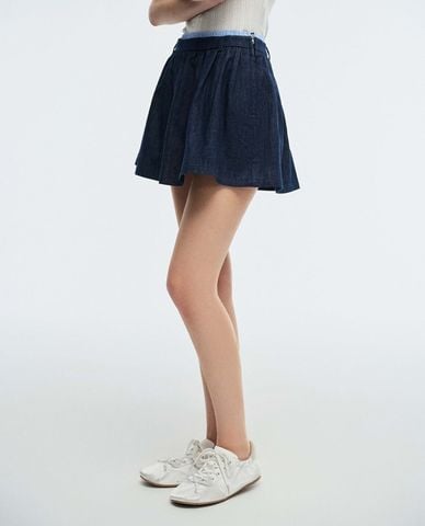  URBAN REVIVO - Chân váy denim mini lưng thun xếp nhún 