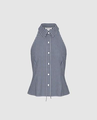  URBAN REVIVO - Áo kiểu nữ cổ yếm phối sọc caro 