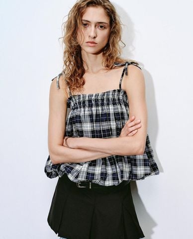  URBAN REVIVO - Áo hai dây nữ phối caro dáng xoè 