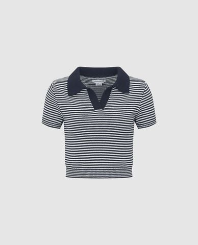  URBAN REVIVO - Áo croptop nữ cổ tròn tay ngắn kẻ sọc 