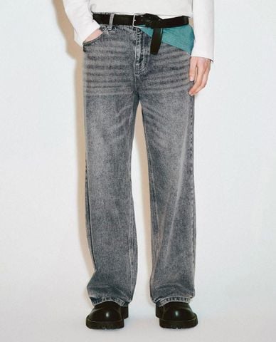  URBAN REVIVO - Quần jeans nam ống rộng wash bạc 