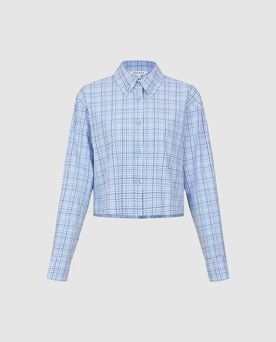  URBAN REVIVO - Áo sơ mi nữ croptop tay dài kẻ caro 