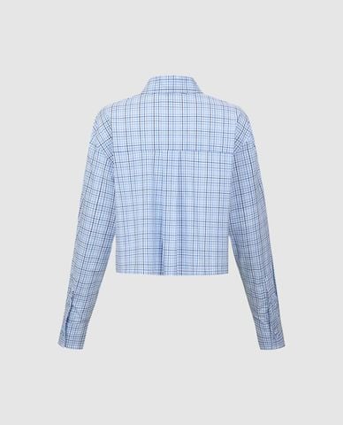  URBAN REVIVO - Áo sơ mi nữ croptop tay dài kẻ caro 
