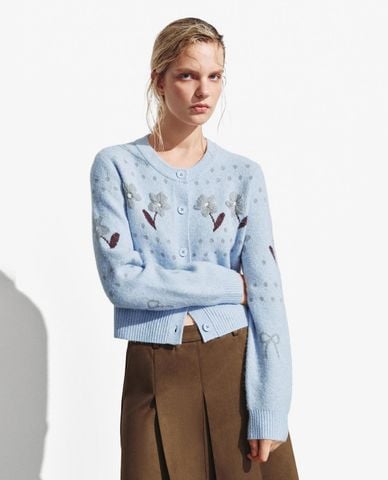  URBAN REVIVO - Áo khoác cardigan nữ cổ tròn phối họa tiết 