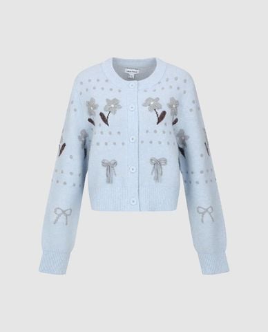  URBAN REVIVO - Áo khoác cardigan nữ cổ tròn phối họa tiết 