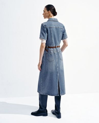  URBAN REVIVO - Đầm denim midi cổ bẻ tay ngắn phối thắt lưng 