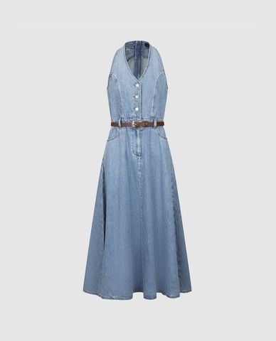  URBAN REVIVO - Đầm denim midi cổ V sát nách phối thắt lưng 