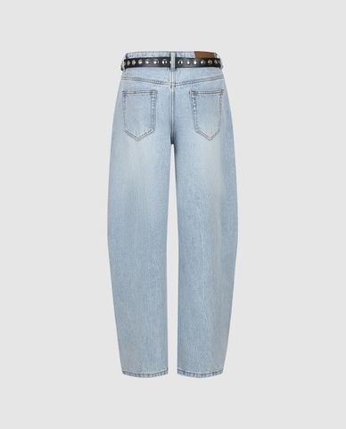  URBAN REVIVO - Quần jeans nữ ống rộng phối thắt lưng 