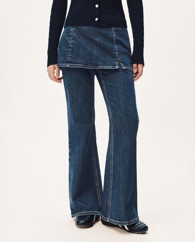  URBAN REVIVO - Quần jeans nữ ống loe phối chân váy 