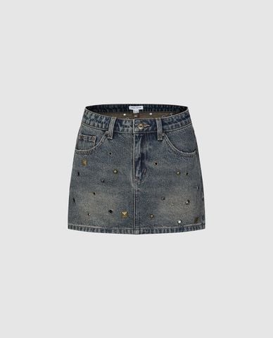  URBAN REVIVO - Chân váy denim mini đính đinh tán 