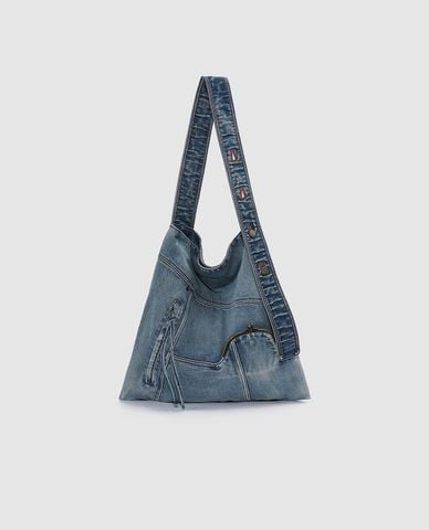  URBAN REVIVO - Túi đeo vai nữ denim bất đối xứng 