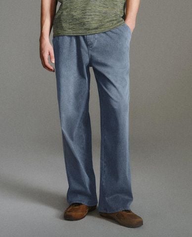  URBAN REVIVO - Quần jeans nam ống rộng phối dây rút 