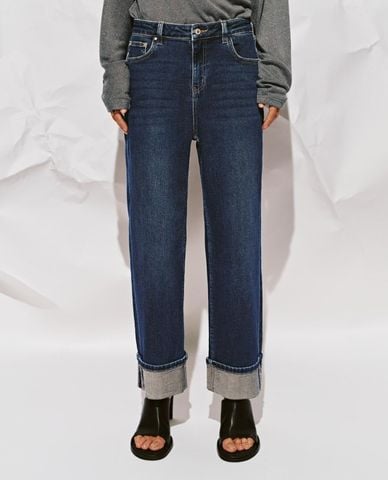  URBAN REVIVO - Quần jeans nữ ống đứng xắn gấu 