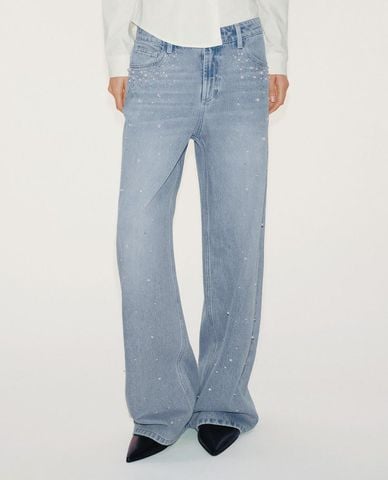  URBAN REVIVO - Quần jeans nữ ống rộng đính đá 