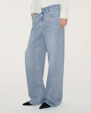  URBAN REVIVO - Quần jeans nữ ống rộng đính đá 