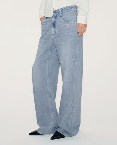  URBAN REVIVO - Quần jeans nữ ống rộng đính đá 