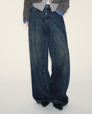  URBAN REVIVO - Quần jeans nữ ống rộng wash bạc 