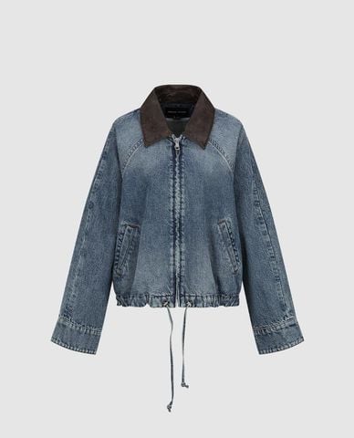  URBAN REVIVO - Áo khoác denim nữ cổ da phối dây rút 
