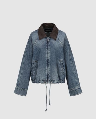  URBAN REVIVO - Áo khoác denim nữ cổ da phối dây rút 