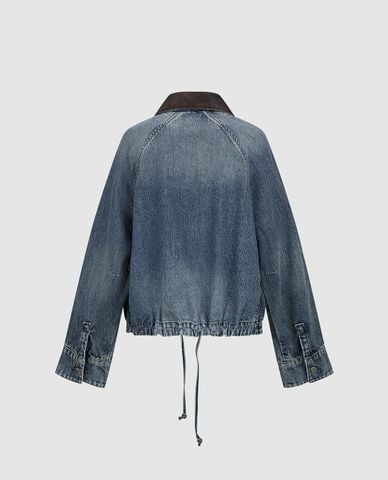  URBAN REVIVO - Áo khoác denim nữ cổ da phối dây rút 