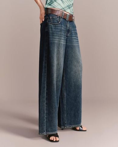 URBAN REVIVO - Quần jeans nữ ống rộng phối thắt lưng 