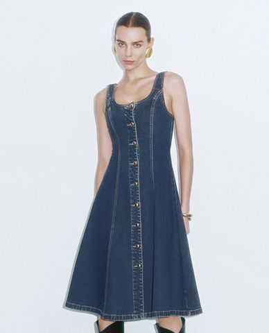  URBAN REVIVO - Đầm denim hai dây phom midi quyến rũ A-Line 