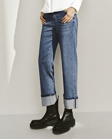  URBAN REVIVO - Quần jeans nữ ống đứng gập gấu 