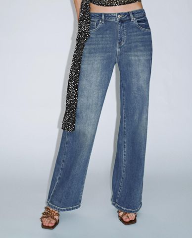  URBAN REVIVO - Quần jeans nữ ống rộng wash bạc 