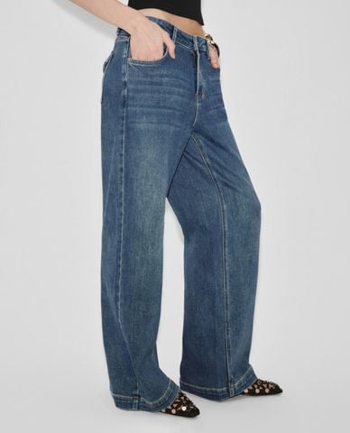  URBAN REVIVO - Quần jeans nữ ống rộng wash bạc 
